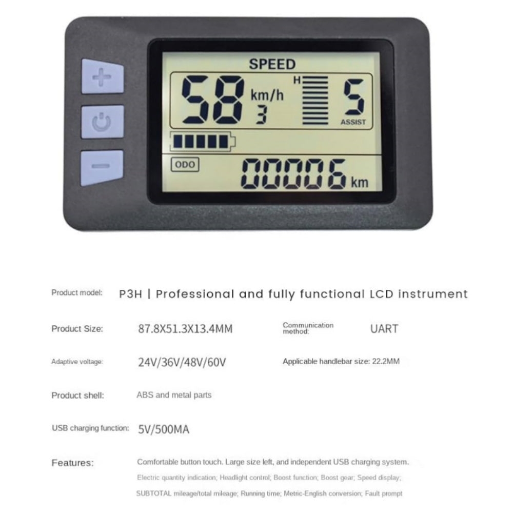 NULKOMMA LCD-P3H Electric Bicycle LCD Display Meter Ebike Computer Waterproof 5-pin Plug Connector 48V Ebike Control Panel