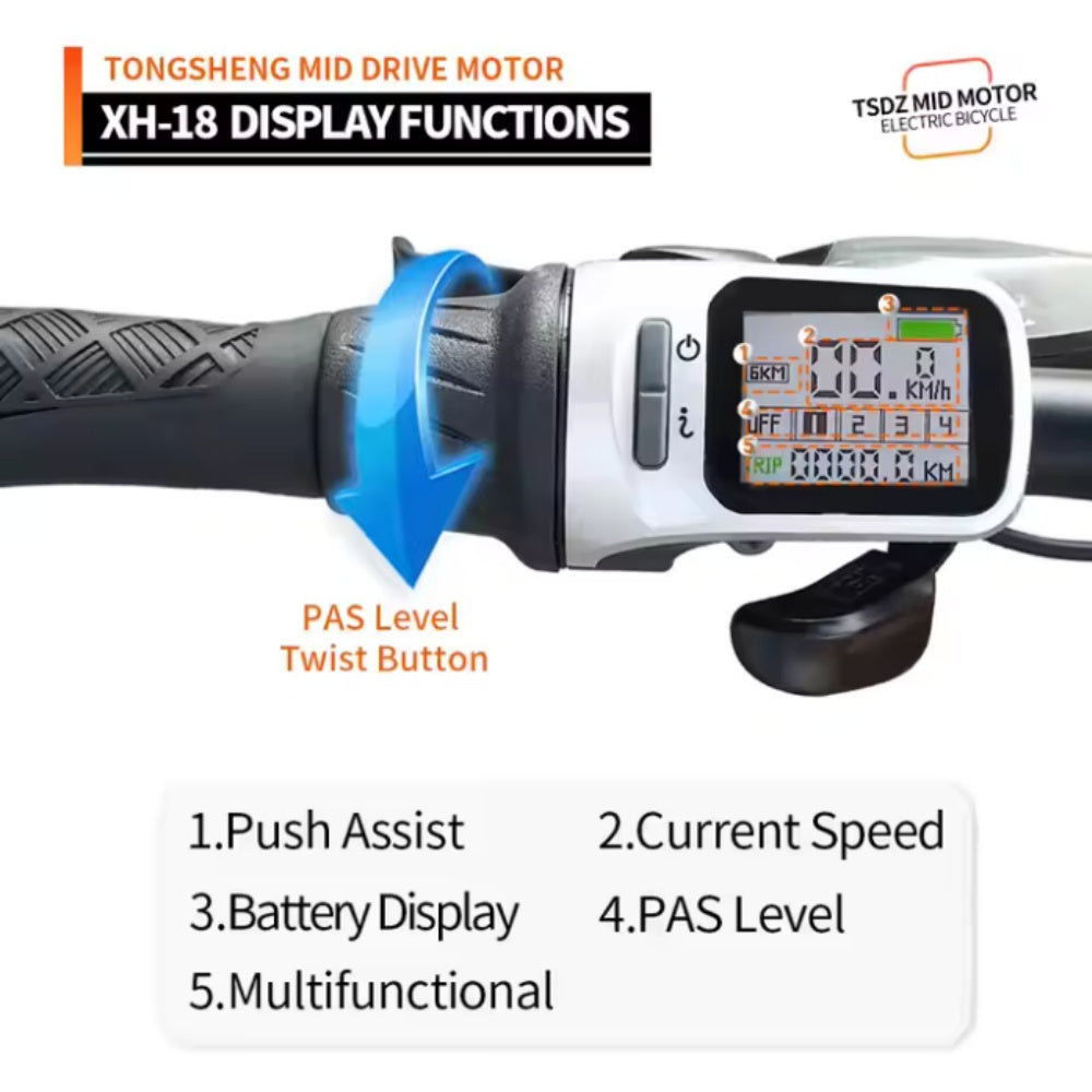 Ebike Intelligent XH18 LCD Display Meter for TONGSHENG Electric Bicycle Mid-Drive Motor TSDZ2 TSDZ3 System Control Panel Screen with Waterproof Connector