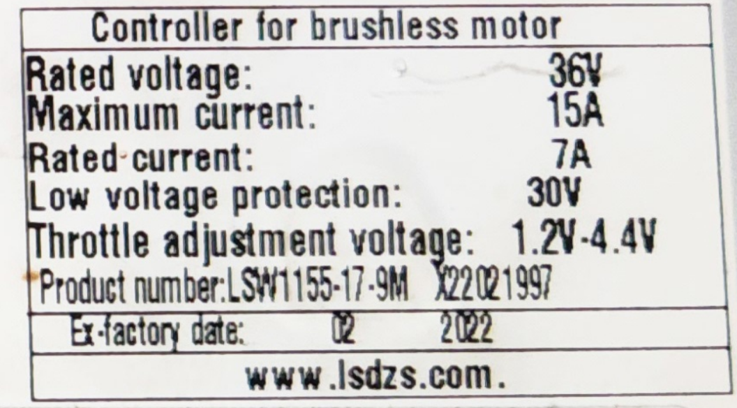 NULKOMMA LSW1155-17-9M Brushless Motor Controller 36V 15A Ebike Controller