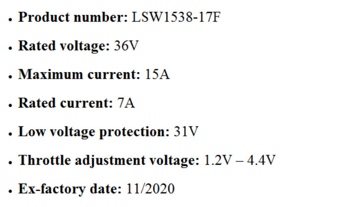 Nulkomma LSW1538-17F Brushless Motor Controller 36V 15A