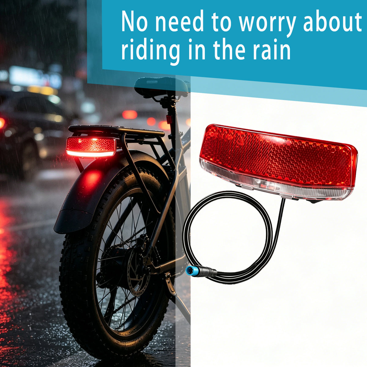 Nulkomma Ebike Rear Tail Light 4Pin Male Waterproof Plug, 48V DC Electric Bicycle LED Rear Brake Light with Reflector for E-Bike Replacement
