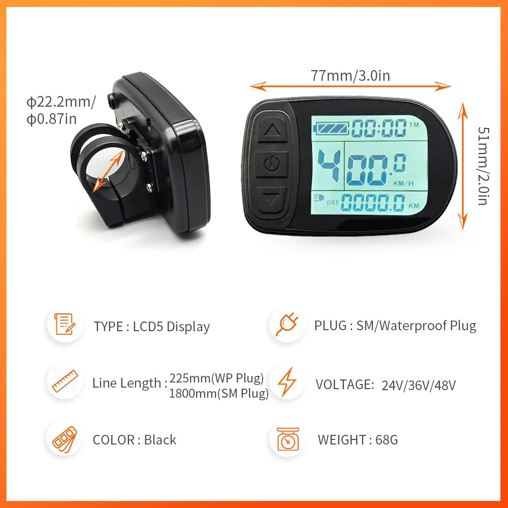 NULKOMMA Electric Bike KT-LCD5 Display Meter 24V/36V/48V Ebike Speed Control Panel Waterproof Connector
