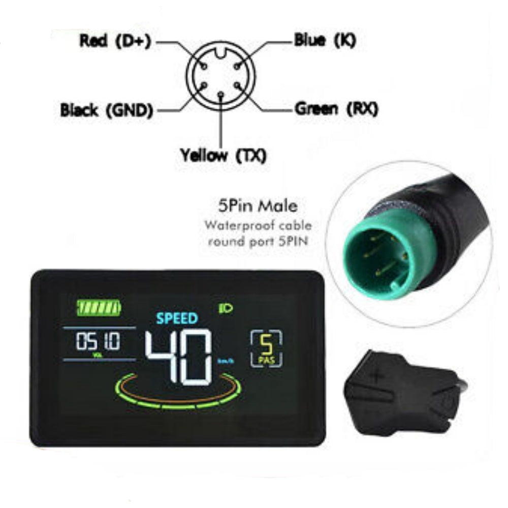 NULKOMMA H6C Ebike LCD Display Meter with 5-pin Male Waterproof Connector 48V Electric Bike Conversion Kit Mountain Bike Control Panel with USB UART