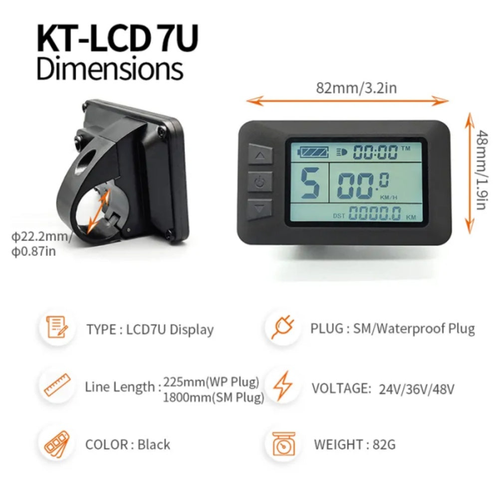 NULKOMMA Ebike LCD Display Meter KT-LCD7U Speed Control Panel 24V 36V 48V Waterproof 5-pin Connector