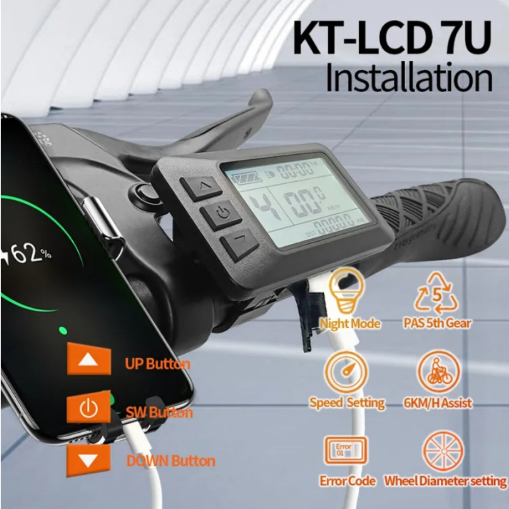NULKOMMA Ebike LCD Display Meter KT-LCD7U Speed Control Panel 24V 36V 48V Waterproof 5-pin Connector