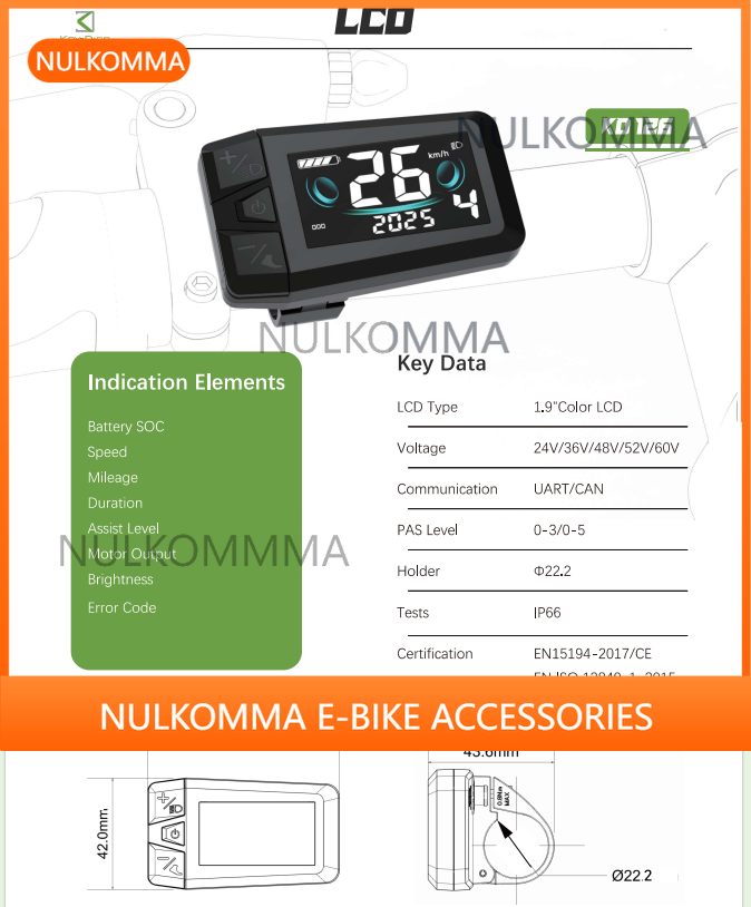 Nulkomma KD126 Color LCD Electric Bicycle Display 1.9 Inch Waterproof Ebike Dashboard Support UART/CAN 24V 36V 48V 52V 60V Speed Mileage Meter
