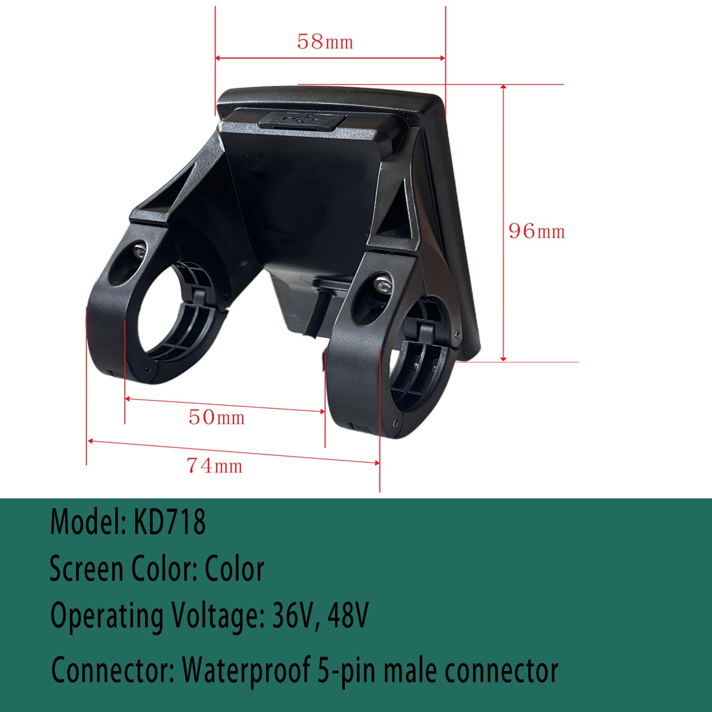 KD718 KEY-DISP Ebike Color LCD Display, 5 Pin Green Male Waterproof Connector 36V/48V Electric Bicycle Dashboard with Separate Control Switch