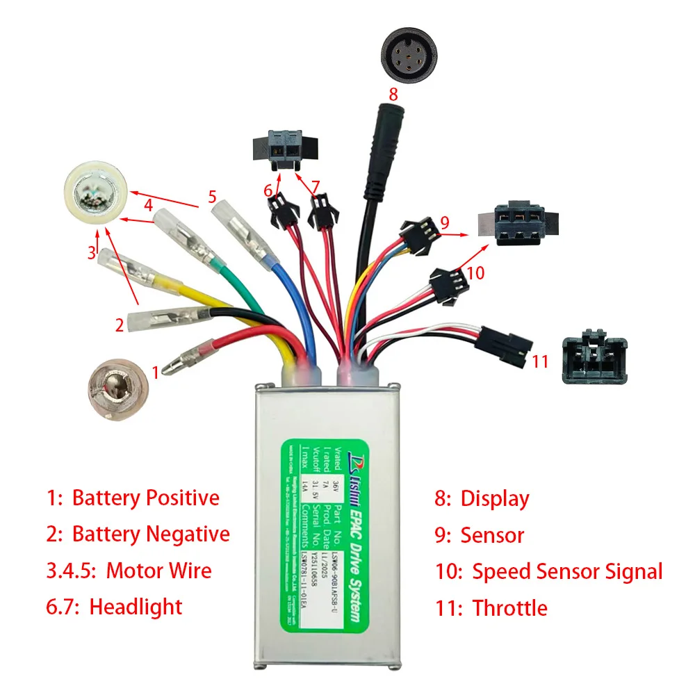 Nulkomma Ebike Brushless Motor Controller LSW0781-11-01EA 36V 14A Suitable for Electric Bicycles Scooters Fat-Tire Bikes Speed Controller
