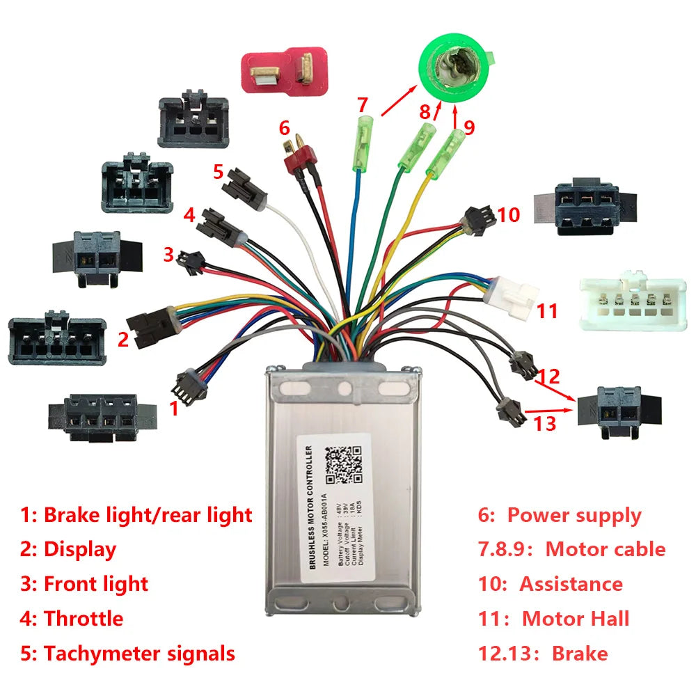 Nulkomma X055-AB001A EBike Brushless Motor Controller 48V 18A E-Bike Parts Mountain Bike Speed Controller For Display Meter KDS