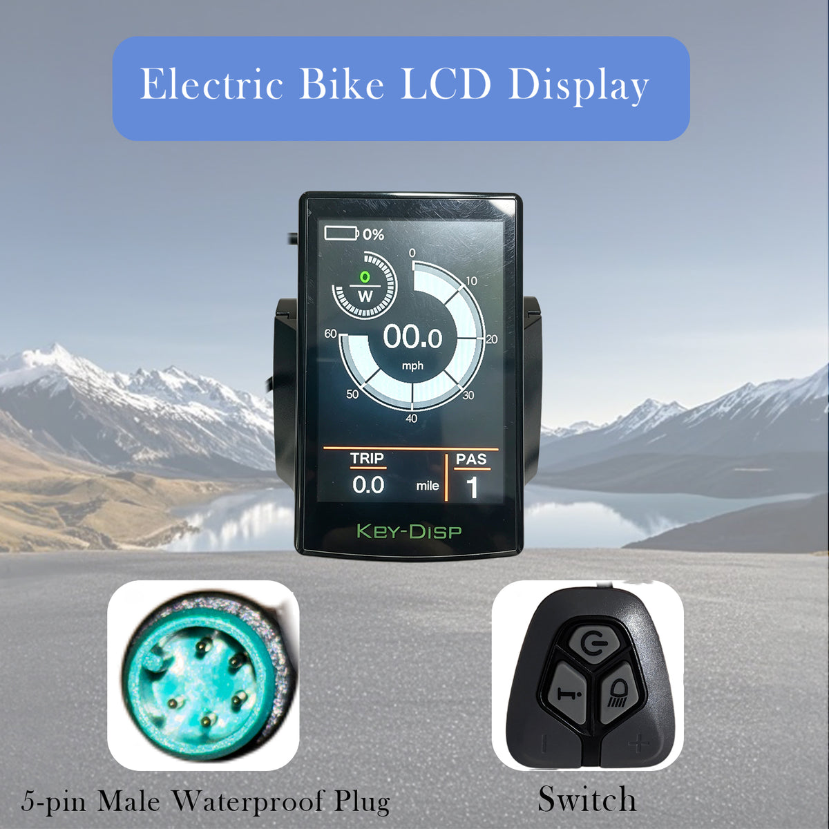 KD718 KEY-DISP Ebike Color LCD Display, 5 Pin Green Male Waterproof Connector 36V/48V Electric Bicycle Dashboard with Separate Control Switch