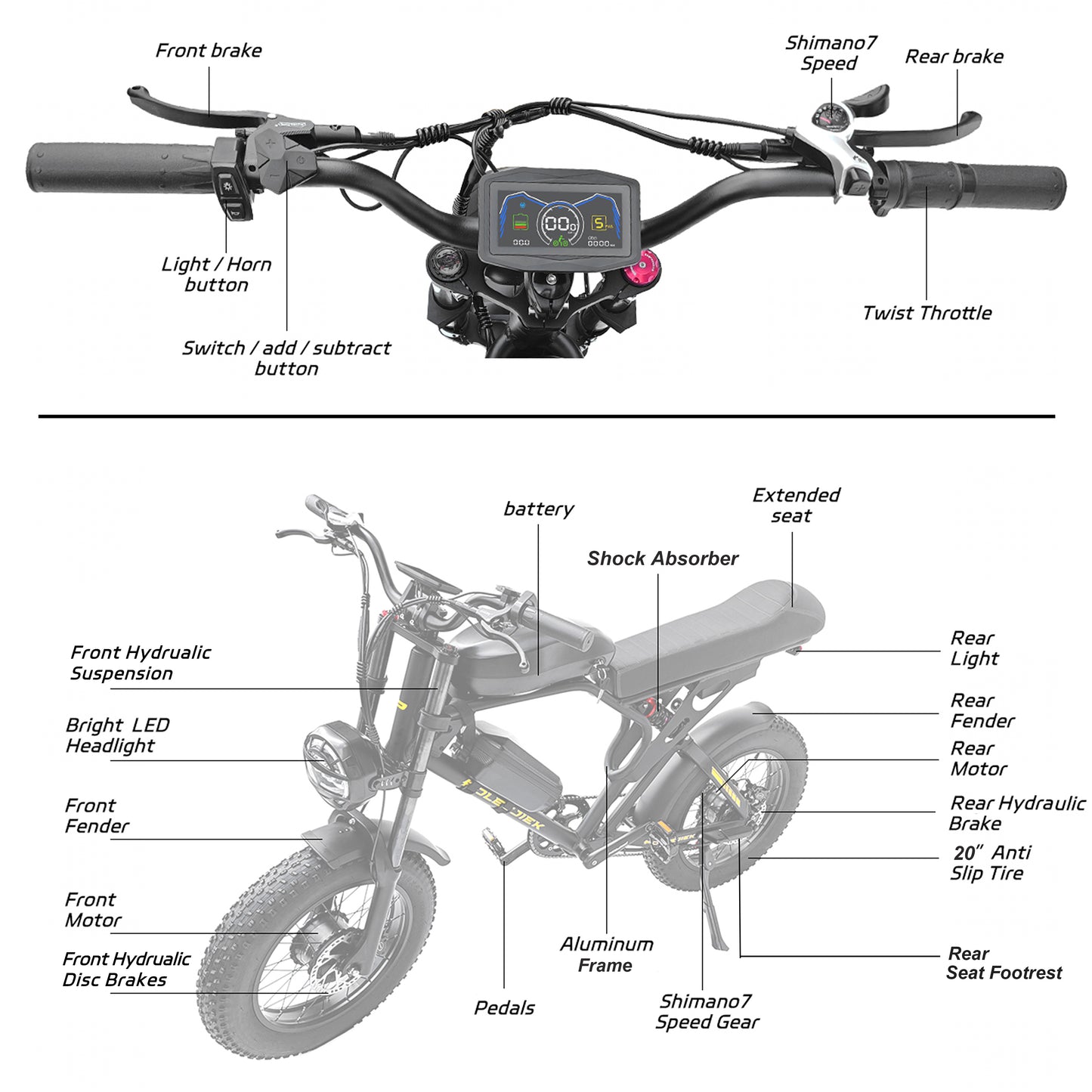 NULKOMMA 20'' Electric Bike for Adults Removable Battery 25.6Ah Commuting Mountain Bike with LCD Display Meter Retro Dual Motors Ebike 3000W with Waterproof Headlight