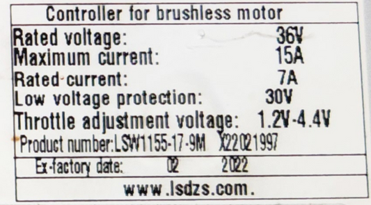 NULKOMMA LSW1155-17-9M Brushless Motor Controller 36V 15A Ebike Controller