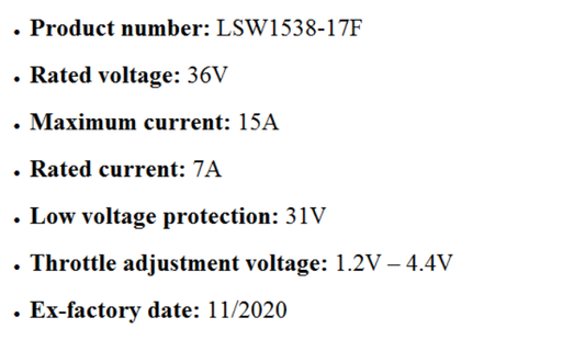 Nulkomma LSW1538-17F Brushless Motor Controller 36V 15A