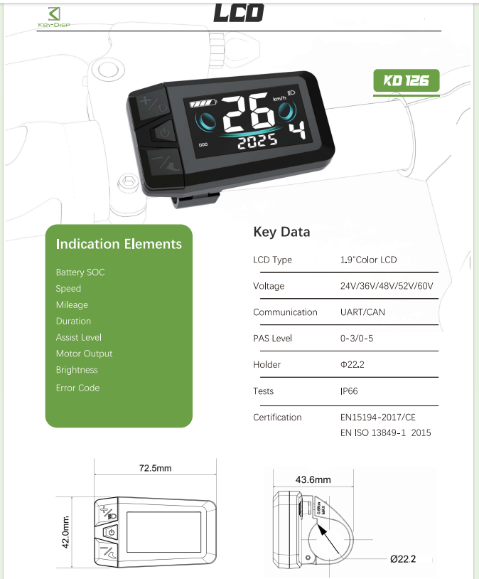 Nulkomma KD126 Color LCD Electric Bicycle Display 1.9 Inch Waterproof Ebike Dashboard Support UART/CAN 24V 36V 48V 52V 60V Speed Mileage Meter