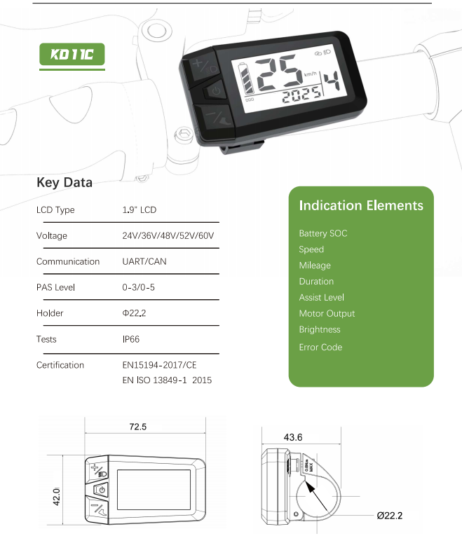 Nulkomma KD11C Electric Bicycle LCD Display 1.9 Inch Waterproof Ebike Control Panel Support UART/CAN 24V 36V 48V 52V 60V Bike Speed Mileage Meter