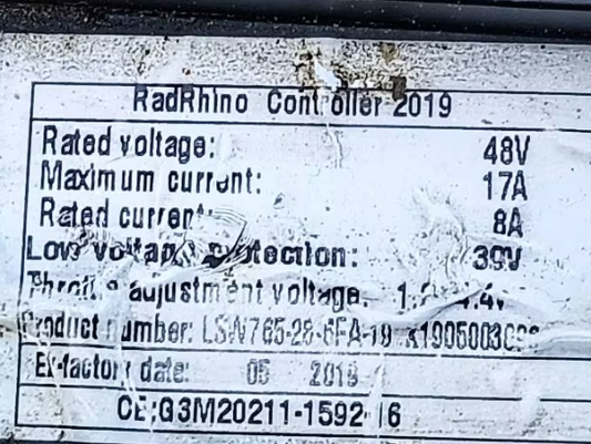Nulkomma LS765-28-6FA-19 RadRhino 2019 Ebike Controller 48V 17A Max 8A Rated Electric Bike Motor Controller Low Voltage Protection 39V Replacement Part