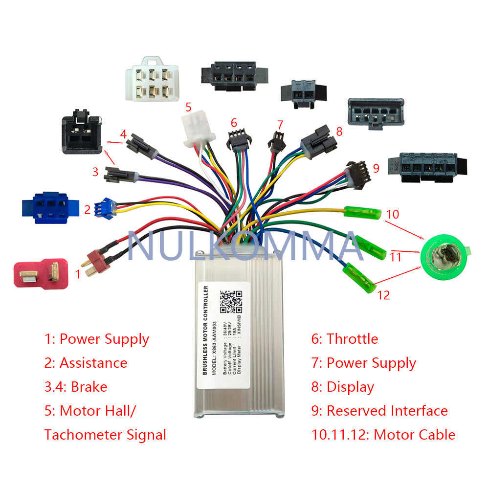 NULKOMMA Ebike Brushless Motor Controller 36/48V 18A Speed Controller X863-AAM003 for Electric Bicycle Scooter Motorcycle