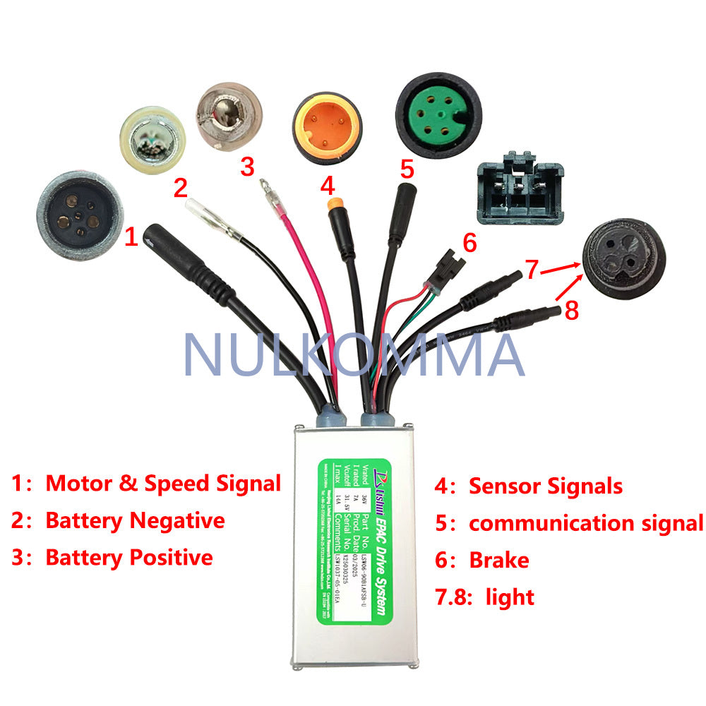 NULKOMMA Electric Bike Brushless Motor Controller LSW06-90B1AFSB-U 36V 14A Electric Scooter Accessories Bike Conversion Kits for 5S Meter