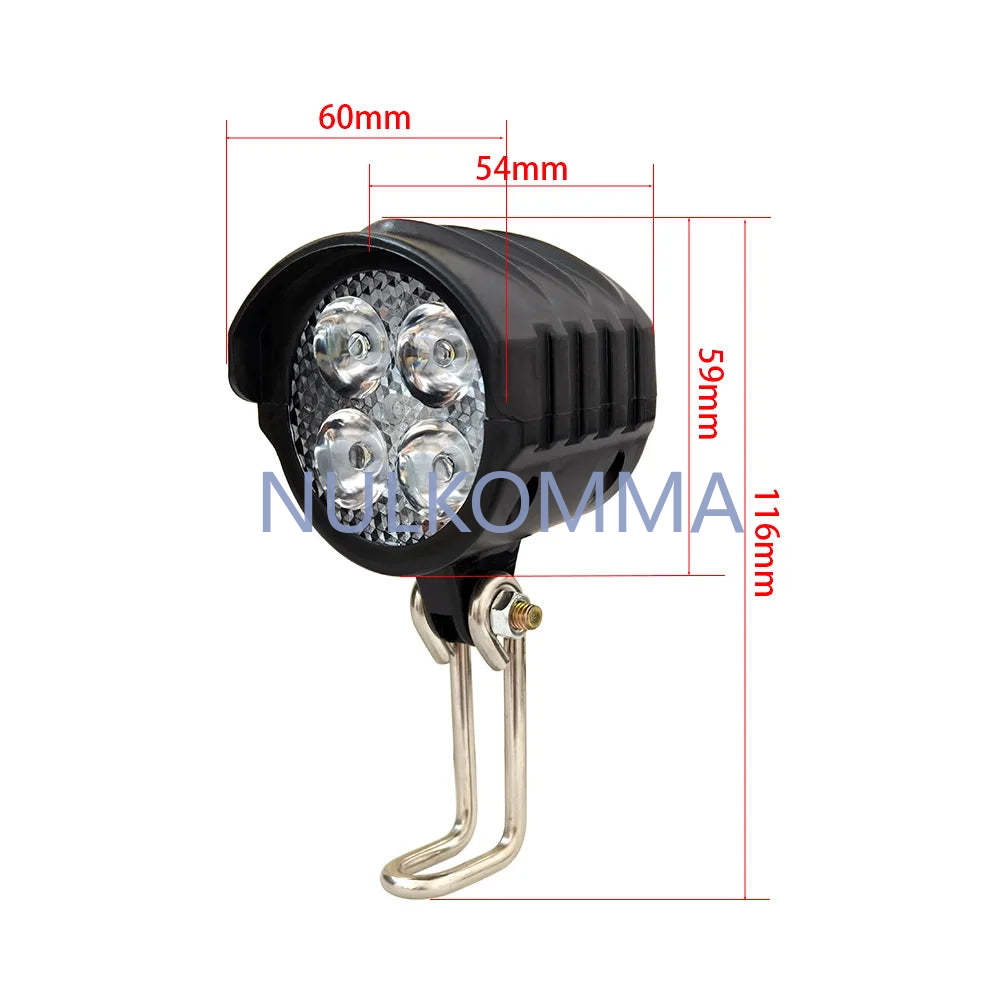 E-bike LED Headlight Accessories 36V 48V Lamp 3pin Built-in Horn Front Light for Electric Scooters Bicycles