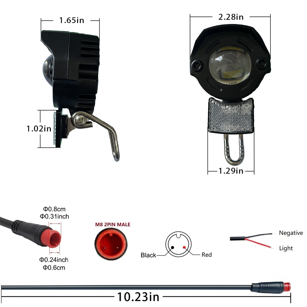 Nulkomma Ebike LED Headlight with Reflector, M8 2Pin Male Waterproof Plug IPX4 Electric Bicycle Front Head Lamp for E-Bike & E-Scooter Replacement