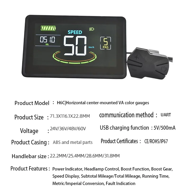 Nulkomma Ebike LCD Dispiay Screen Meter Speed Control Panel H6C 24V-60V For Protocol No. 2 MTB Electric Bicycle Accessories