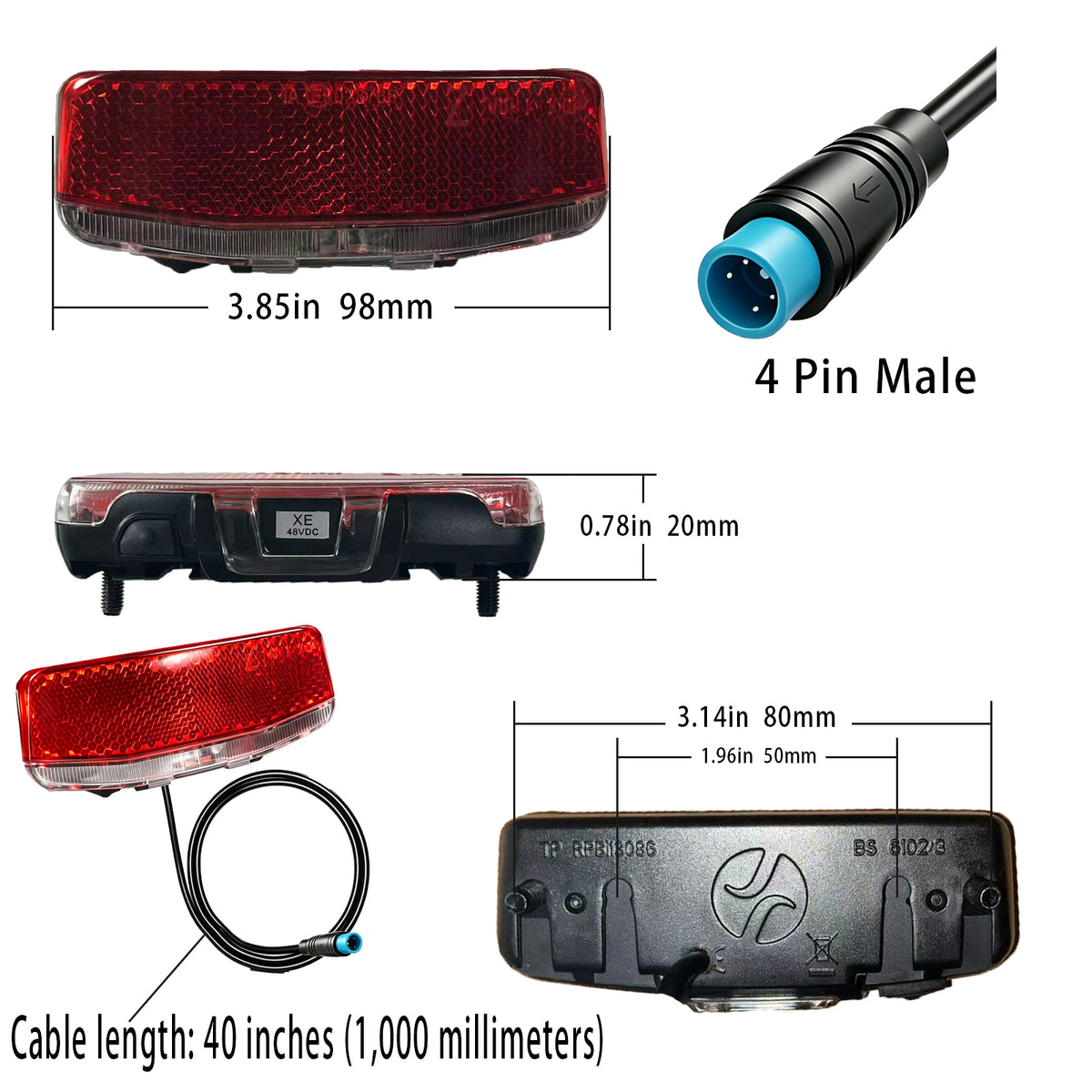 Nulkomma Ebike Rear Tail Light 4Pin Male Waterproof Plug, 48V DC Electric Bicycle LED Rear Brake Light with Reflector for E-Bike Replacement