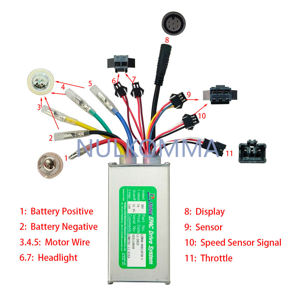 NULKOMMA Ebike Brushless Motor Controller LSW0781-11-01EA 36V 14A Suitable for Electric Bicycles Scooters Fat-Tire Bikes Speed Controller