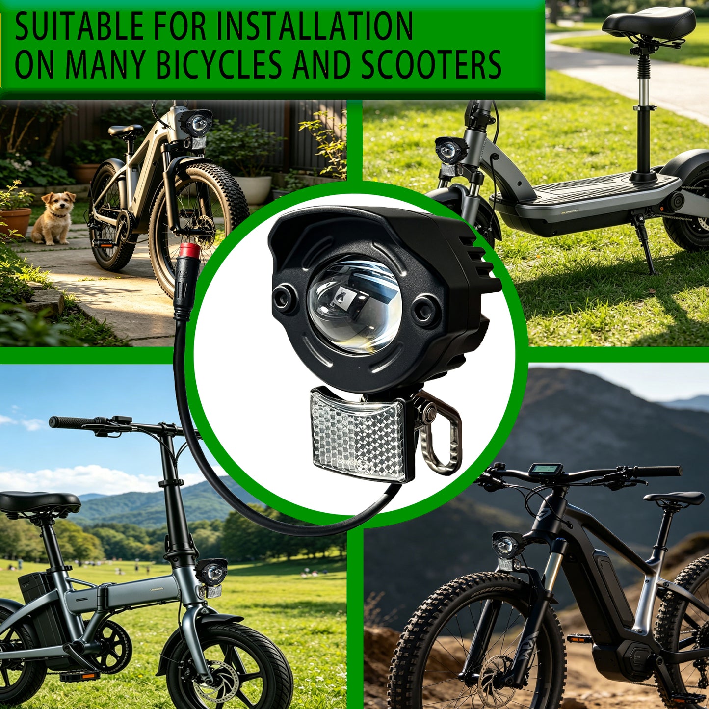 Nulkomma Ebike LED Headlight with Reflector, M8 2Pin Male Waterproof Plug IPX4 Electric Bicycle Front Head Lamp for E-Bike & E-Scooter Replacement