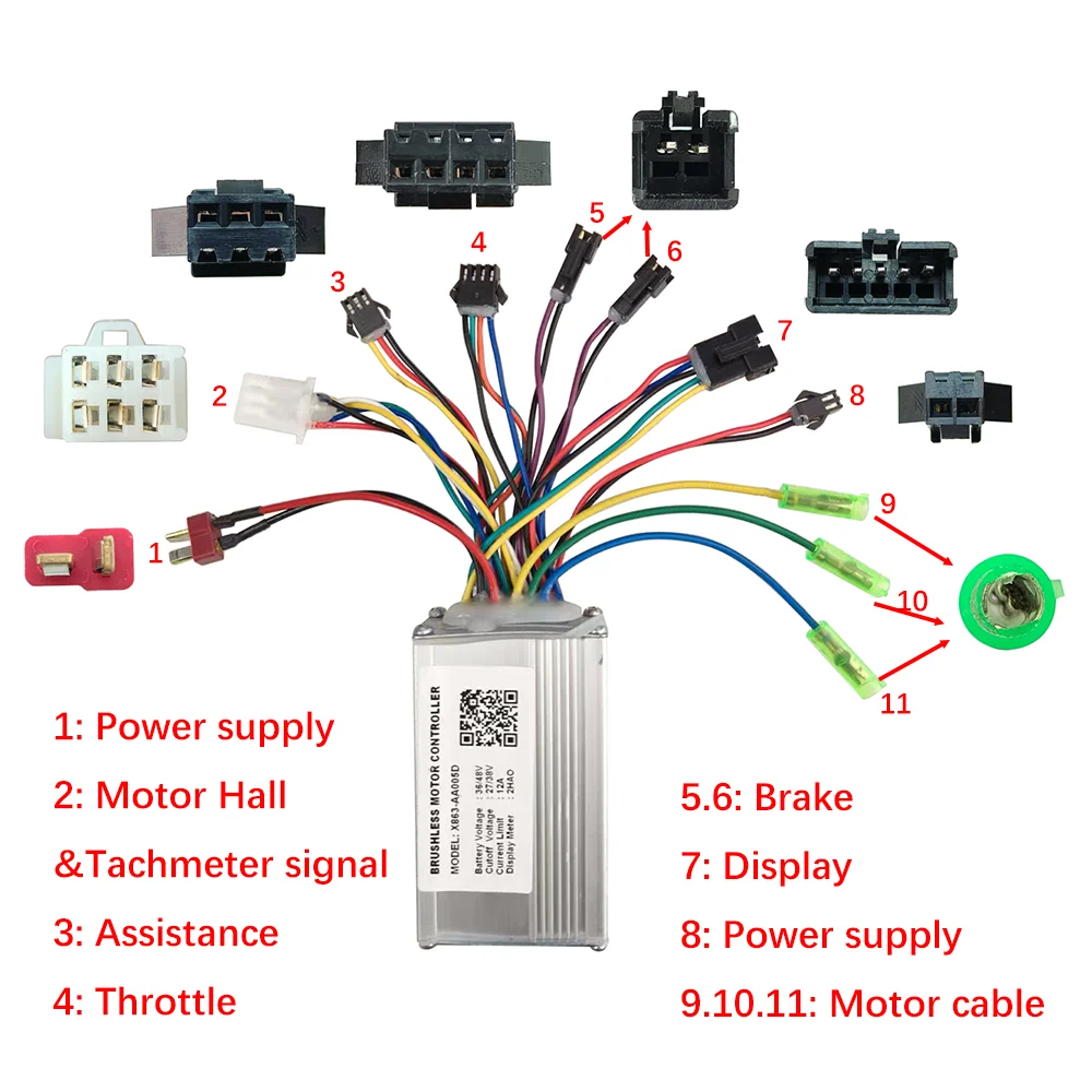 Nulkomma Ebike Brushless Motor Controller X863-AA005D 36V 48V 12A for 2HAO Protocol Electric Scooters MTB Accessories Speed Controller