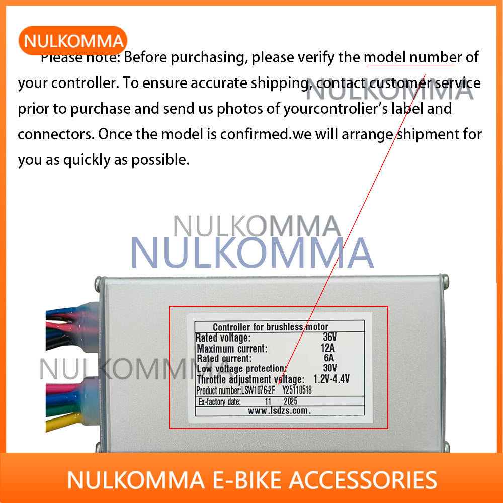 NULKOMMA Ebike Brushless Motor Controller LSW1076-2F 36V 12A Suitable for Electric Bicycles Scooters Fat-Tire Bikes Speed Controller
