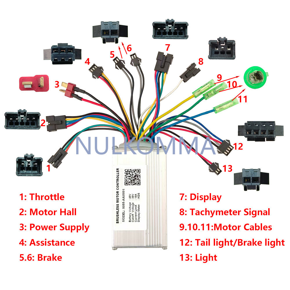 NULKOMMA 48V 18A Brushless Motor Controller X055-AAM001 Electric Bicycle Scooter Speed Controller with KDS Protocol Display