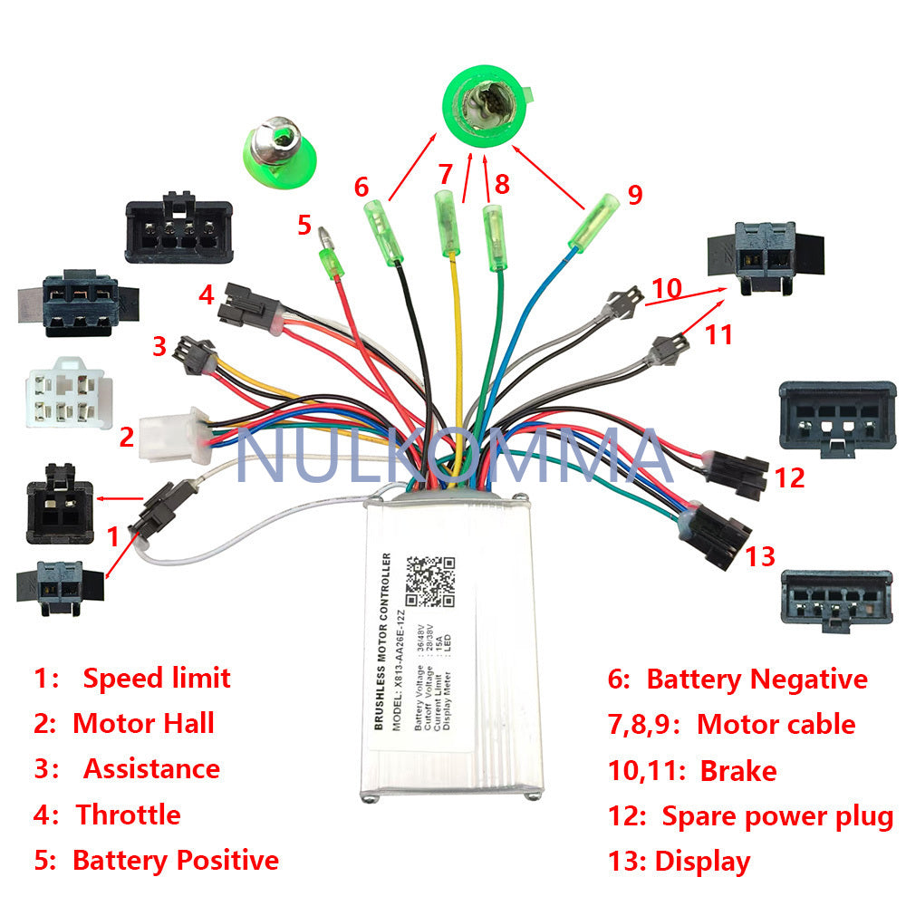 NULKOMMA EBIKE Brushless Motor Controller Electric Bike 36V/48V 15A X813-AA26E-12Z Electric Scooter Accessories Bike