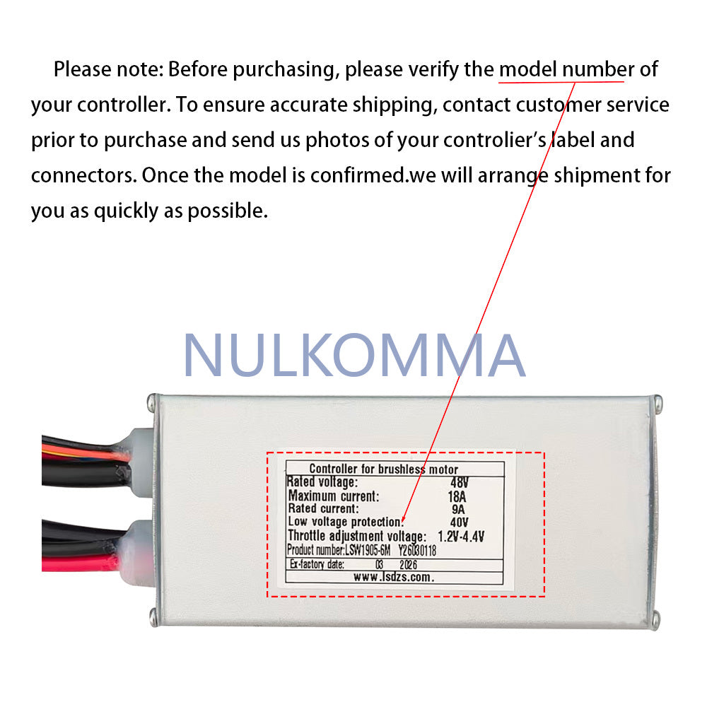 NULKOMMA Ebike Brushless Motor Controller LSW1905-6M 48V 18A Suitable for Electric Bicycles Scooters Fat-Tire Bikes Speed Controller