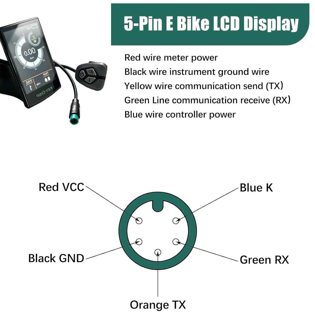 KD718 KEY-DISP Ebike Color LCD Display, 5 Pin Green Male Waterproof Connector 36V/48V Electric Bicycle Dashboard with Separate Control Switch