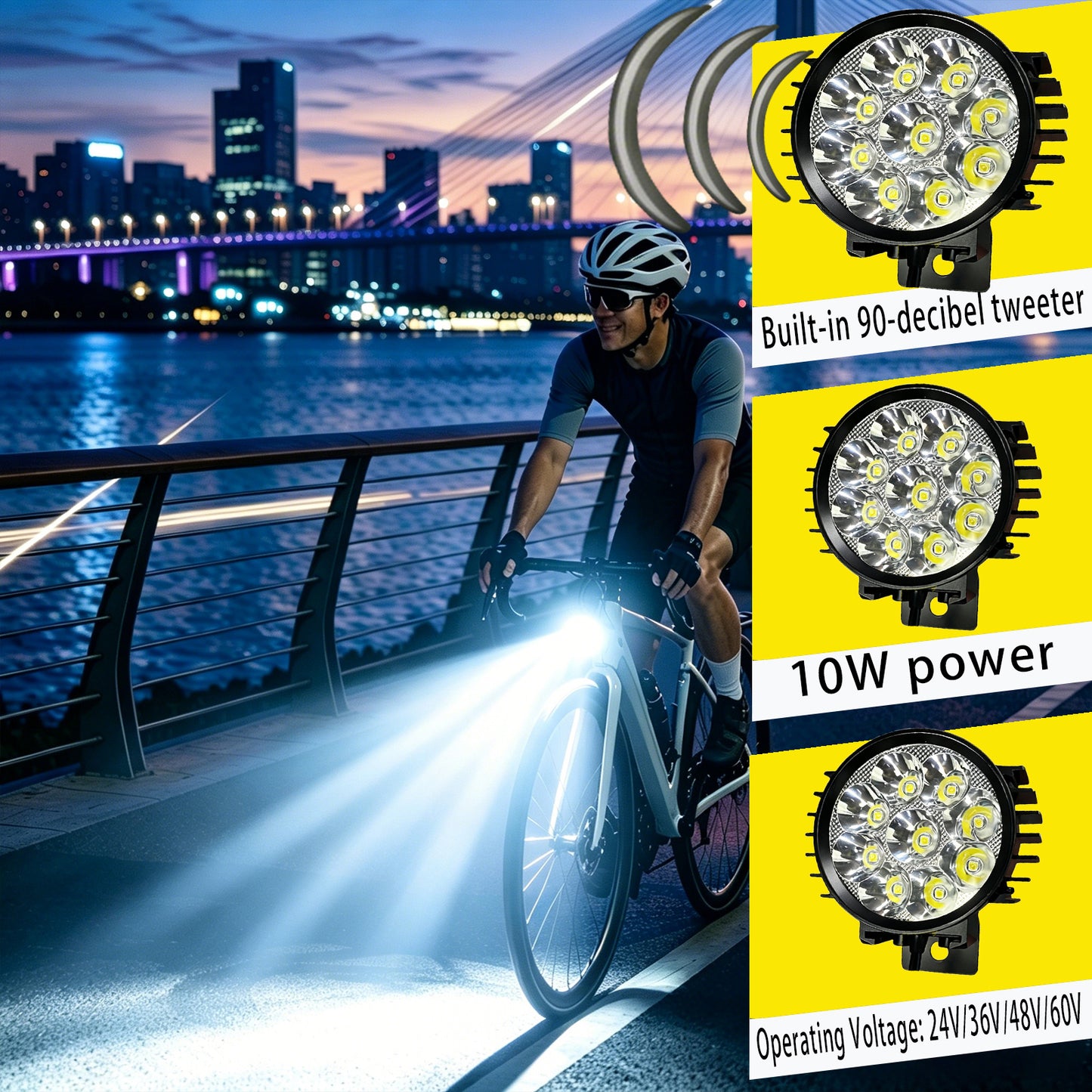 NULKOMMA Ebike LED Headlight Built-in 90dB Horn, 10W 1000LM 3Pin Male Waterproof Plug, 24V 36V 48V 60V Electric Bicycle Front Light for E-Bike & Scooter