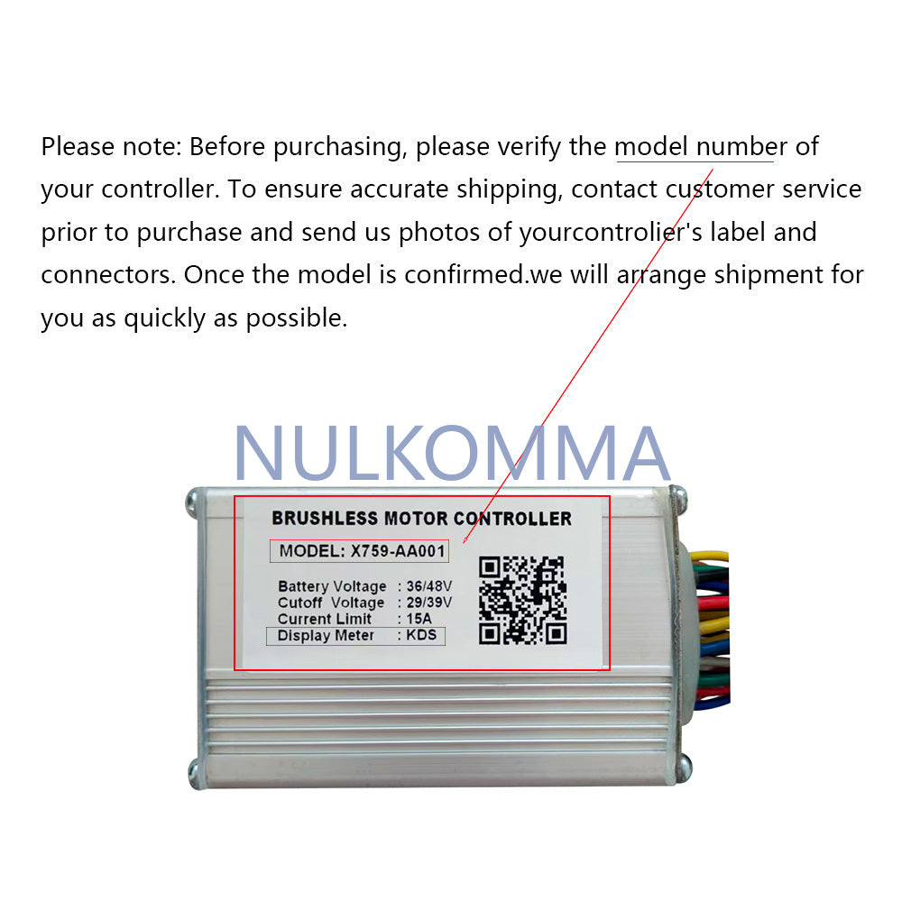 NULKOMMA Ebike Brushless Motor Controller 36/48V 15A Speed Controller X759-AA001 KDS for Electric Bicycle Scooter Motorcycle