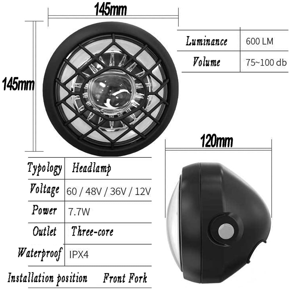 Nulkomma LED Light Headlight Durable Bright Front Light for Electric Bicycle 3 Pin Female Connector