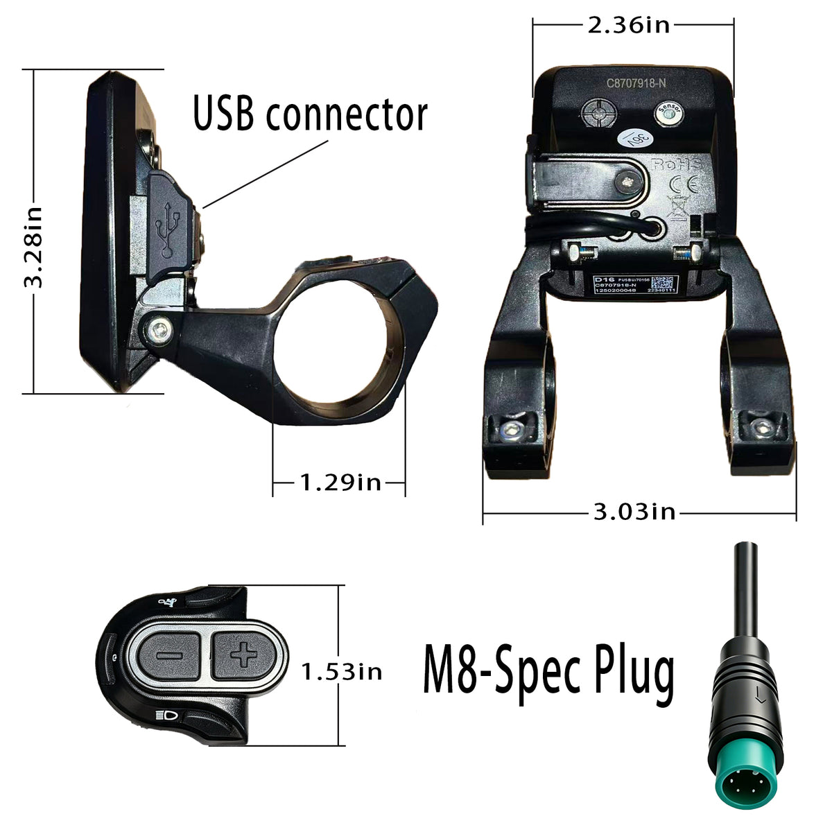 E-Bike LCD D16 Display Panel with Dual Handlebar Mount Bracket, Hand Control Switch, Waterproof Connector, Electric Bicycle Dashboard for Ebike Conversion Kit